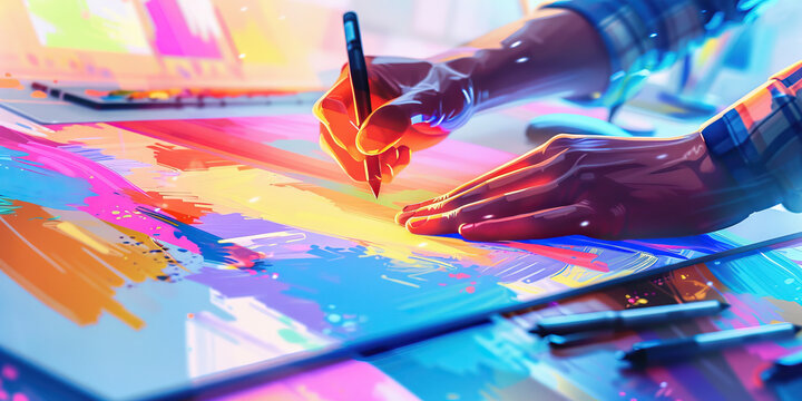 A graphic designer creates a stunning visual presentation, their work showcased on a vibrant digital canvas