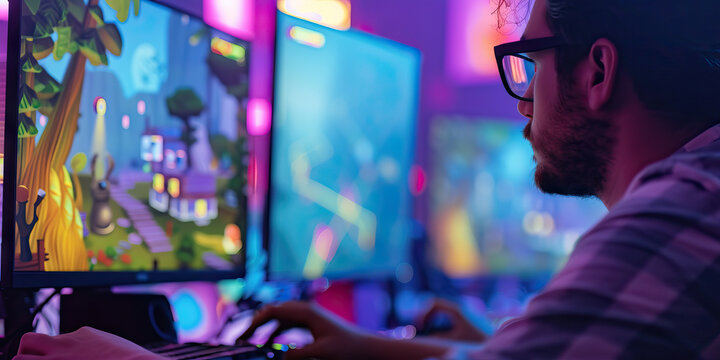 A game developer codes a thrilling level for their new game, their imagination the only limit to what they can create