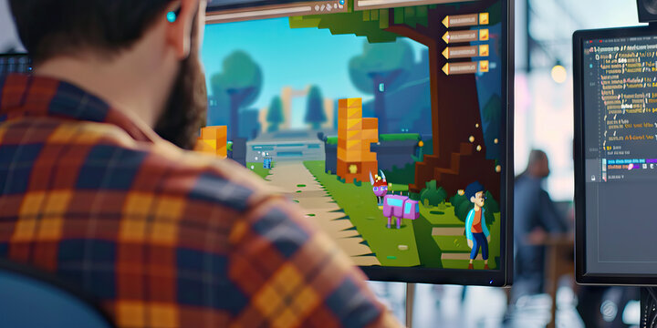 A game developer codes a thrilling level for their new game, their imagination the only limit to what they can create