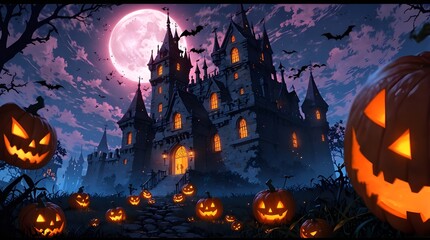 A spooky backdrop with a castle ornament with pumpkins creates the perfect Halloween scene. Generative AI