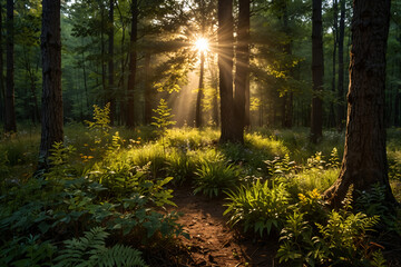 Serene Forest with Sunlight Filtering Through Trees AI