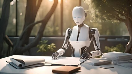 A robot at a table with papers and a book in an office with modern technology - Powered by Adobe