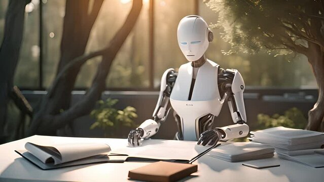 A robot at a table with papers and a book in an office with modern technology