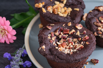 Black bean brownies with walnut and pecan sprinkles.