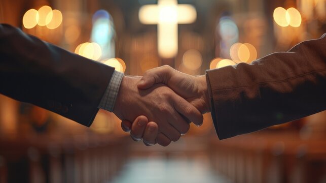 Two people of different races shaking hands in a church with a glowing cross in the background.