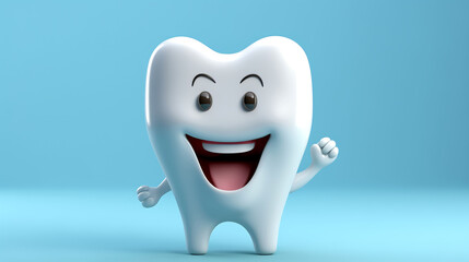 3D Smiling tooth with hands Funny Concept dental Cartoon character on blue background AI Generated