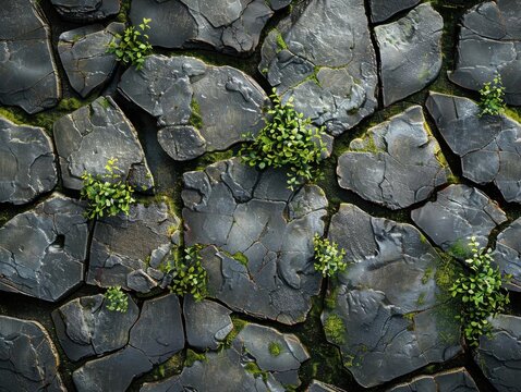 Close-up of cracked rocks with green moss and small plants growing, creating a beautiful textured earth background.