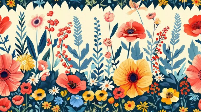 Colorful floral pattern with poppy flowers and various greenery on a cream background.