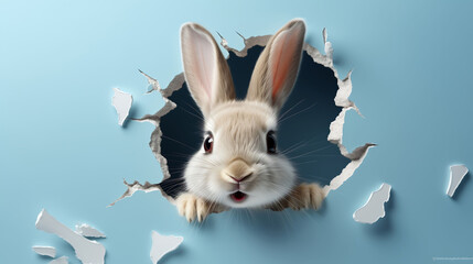 Fototapeta premium Little Easter bunny or rabbit Looking through blue paper hole AI Generated