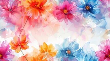 Vibrant watercolor flowers bloom on a white background.  A perfect backdrop for springtime or floral designs.
