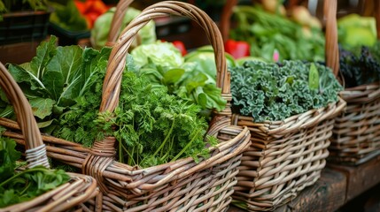 Fototapeta premium Freshly picked vegetables arranged beautifully in wicker baskets, creating a rustic and vibrant display of greens
