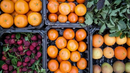 Freshly picked berries, oranges, and greens arranged neatly in reusable crates, creating a vibrant grocery display