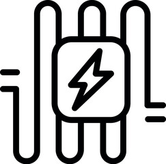 Black and white vector icon of a battery charging, isolated on a white background