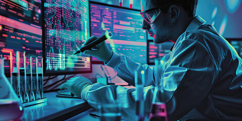 A scientist beams data from a high-tech lab instrument to a computer, their work illuminated by the glow of the monitors