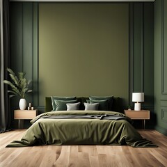 Modern Luxury Bedroom with Lime Olive Velor Bed and Khaki Green Wall. Minimalist Interior Design for Home or Hotel. Empty Mockup Wall for Art. Wood Parquet. 3D Render.