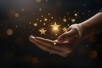 Customer service and satisfaction, five star, customer, hand of customer or client holding the stars to complete five stars, Quality assurance, give satisfaction in service. rating very impressed