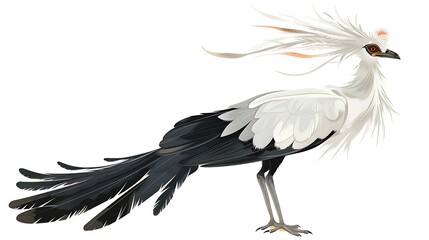 Elegant secretary bird with detailed feathers isolated on white.