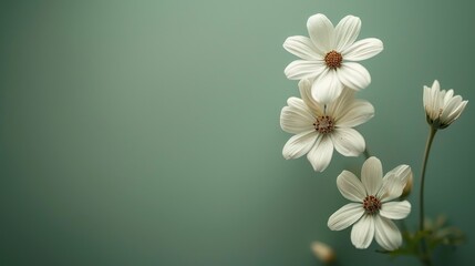 Fototapeta premium Elegant flowers captured in a minimalist style, resting gracefully on a green-themed background. The soft hues and simple arrangement create a serene and peaceful atmosphere, ideal for use in designs