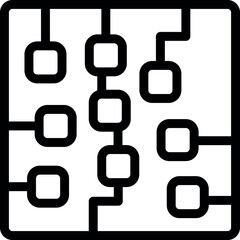 Minimalist icon representing an organizational chart with a network of connected boxes, in a clear black and white vector style