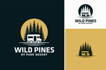 RV Camper Van Caravan Mobile Car Vehicle Silhouette with Pine Spruce Tree for Forest Camp Adventure Trip Logo Design