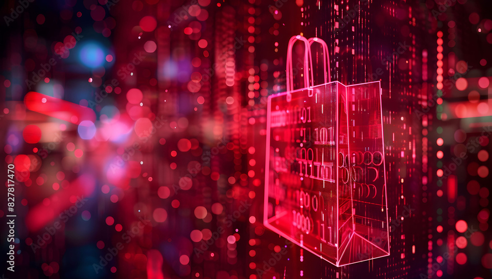 Poster digital data background with a glowing shopping bag icon and code, symbolizing cyber security in onl