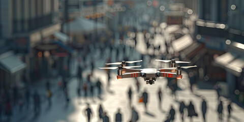 Obraz premium In the heart of a bustling city, a drone delicately buzzes above the heads of pedestrians, capturing stunning aerial footage for an urban planner