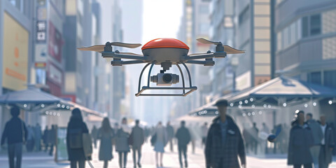 In the heart of a bustling city, a drone delicately buzzes above the heads of pedestrians, capturing stunning aerial footage for an urban planner