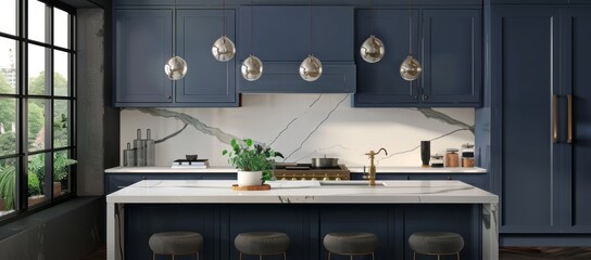 Blue kitchen interior with sapphire blue cabinets