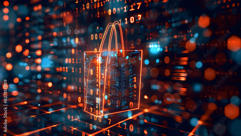 Poster digital data background with a glowing shopping bag icon and code, symbolizing cyber security in onl