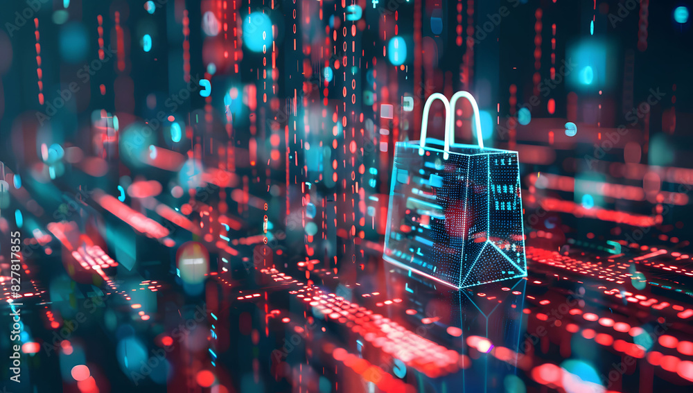 Poster digital data background with a glowing shopping bag icon and code, symbolizing cyber security in onl