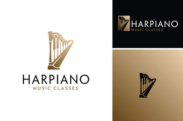 Acoustic Musical orchestra instruments Piano Key and Harp Lyre String for Symphony Music Course School or Pianist Harpist Classic logo design
