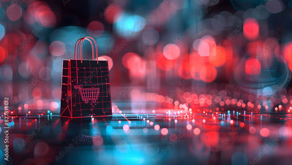 Poster digital data background with a glowing shopping bag icon and code, symbolizing cyber security in onl