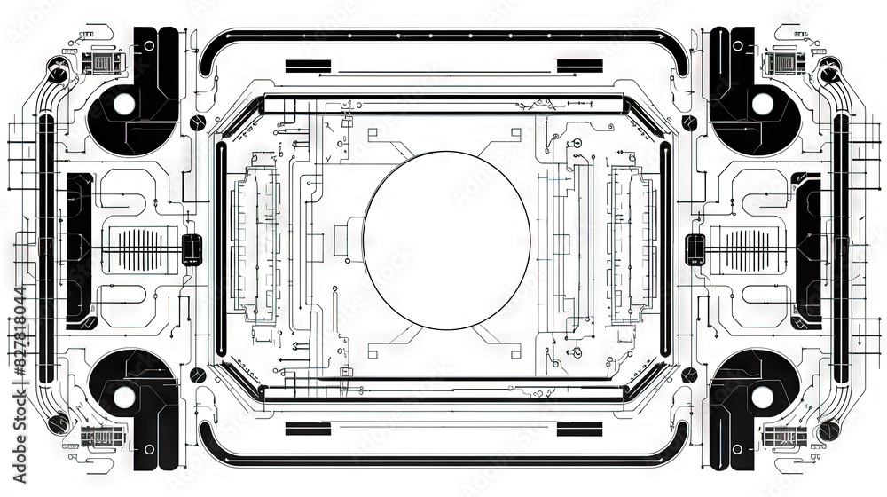 Poster abstract circuit board concept with black track lines on white background.