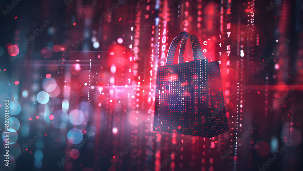 Poster digital data background with a glowing shopping bag icon and code, symbolizing cyber security in onl
