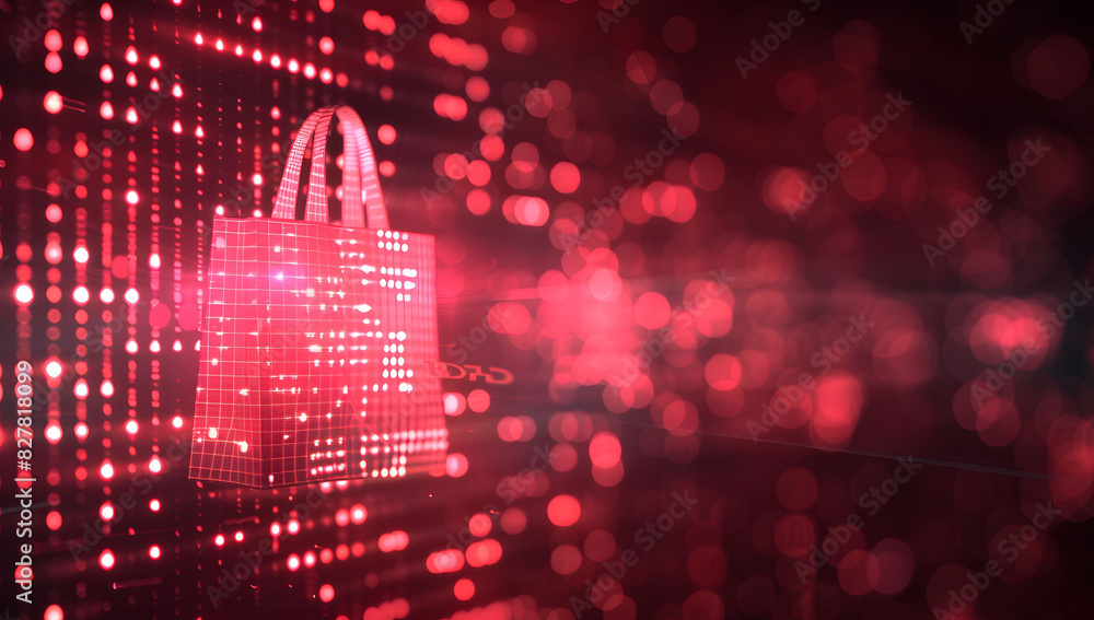 Poster digital data background with a glowing shopping bag icon and code, symbolizing cyber security in onl