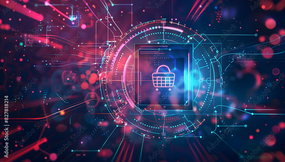 Poster digital data background with a glowing shopping bag icon and code, symbolizing cyber security in onl