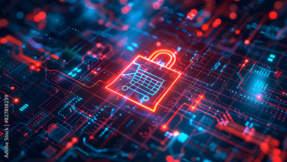 Poster digital data background with a glowing shopping bag icon and code, symbolizing cyber security in onl