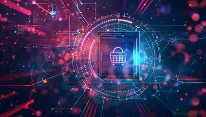 Digital data background with a glowing shopping bag icon and code, symbolizing cyber security in online retail and the importance of secure transactions and data protection in e-commerce.
