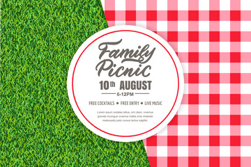 Picnic time banner, poster design with tablecloth on green grass background and hand drawn calligraphy lettering on circle white plate. Vector realistic illustration of lawn and red gingham plaid