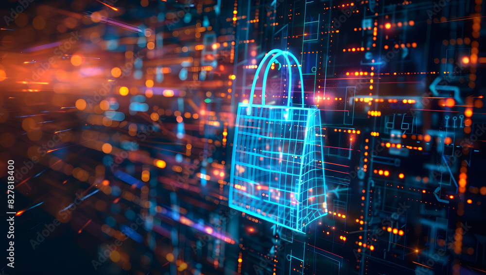 Poster digital data background with a glowing shopping bag icon and code, symbolizing cyber security in onl