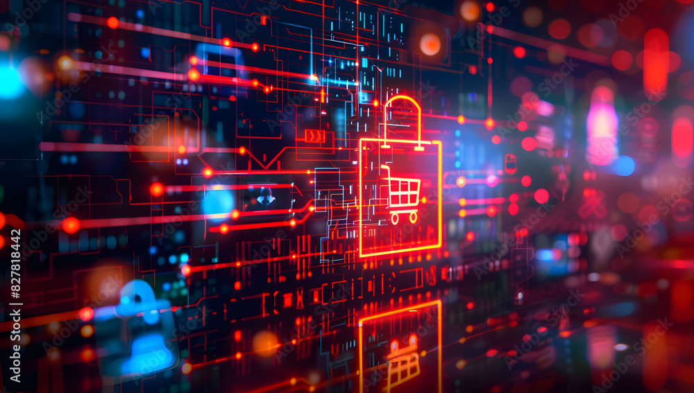 Poster digital data background with a glowing shopping bag icon and code, symbolizing cyber security in onl