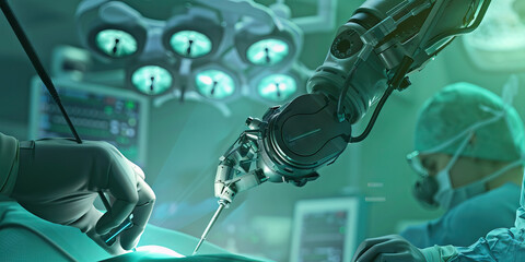 A surgeon uses a robotic arm to delicately perform a surgery in operating room of the future.