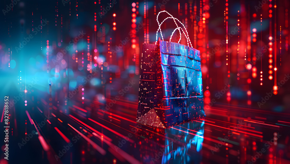 Poster digital data background with a glowing shopping bag icon and code, symbolizing cyber security in onl