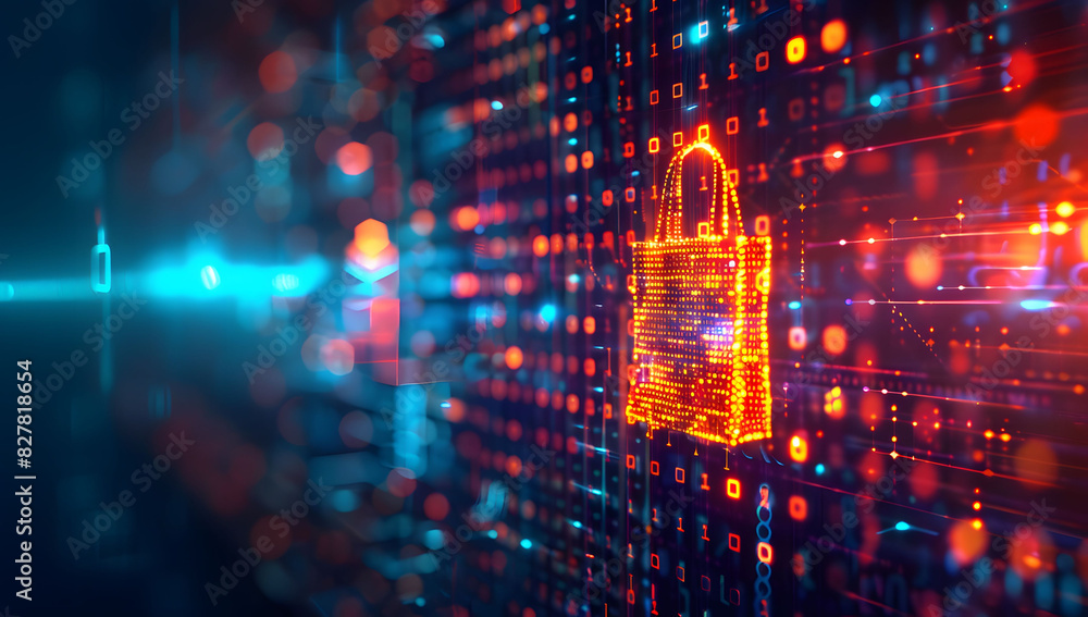Poster digital data background with a glowing shopping bag icon and code, symbolizing cyber security in onl