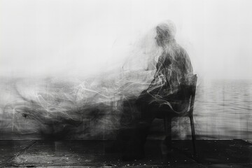 A blurred background of a person sitting on a chair