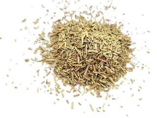 Aromatic pieces of dried rosemary on a white background.