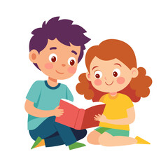 Little boy and girl read book together full body