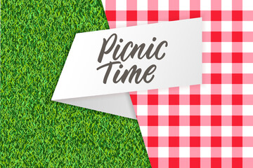 Picnic time banner, poster flyer design with tablecloth on green grass background and hand drawn calligraphy lettering on paper label. Vector realistic illustration of lawn and red gingham plaid