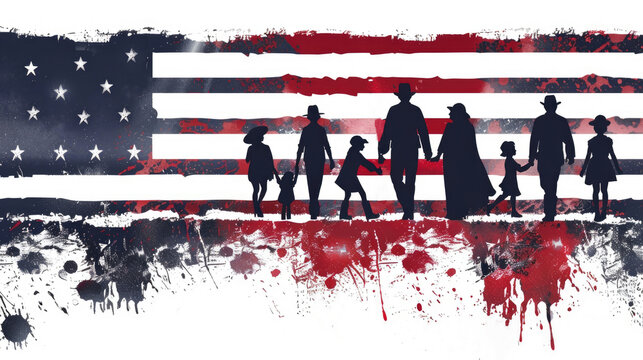 illustration, vintage postcard, Emancipation Day in the USA, Freedom day, Juneteenth, silhouettes of a crowd of refugees and migrants against the background of the US flag - Powered by Adobe