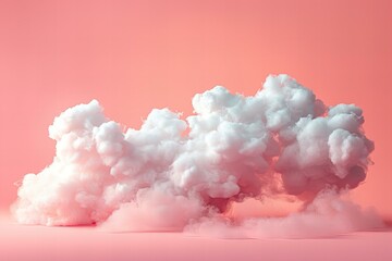 A cloud made of cotton floating in the air on a pastel pink background, with a soft and dreamy atmosphere, in a high resolution photograph, with a minimal concept, with studio lighting, photographed